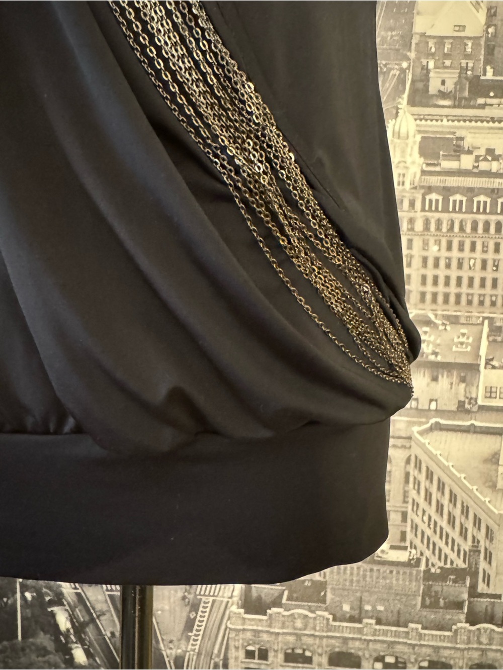 Black Draped Surplice Top w. Silver Metallic Chain Embellishment - Picture 4 of 5